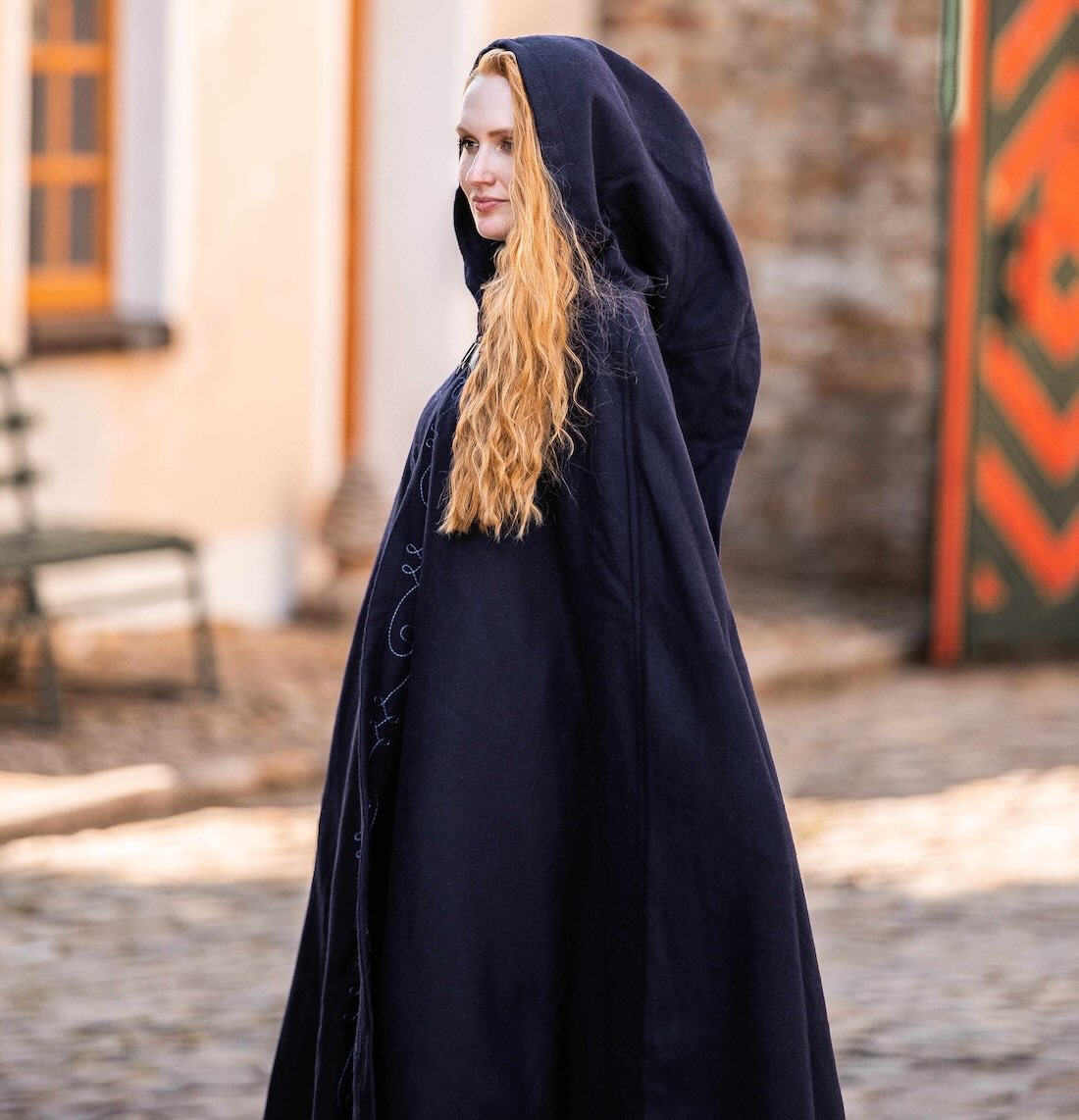 Hooded Viking Cloak With Embroidery and Wolf Head Clasp